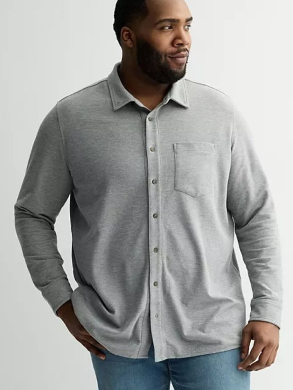 Sonoma Goods For Life Men's Gray Knit Button Up Shirt Long Sleeve Pocket SZ S